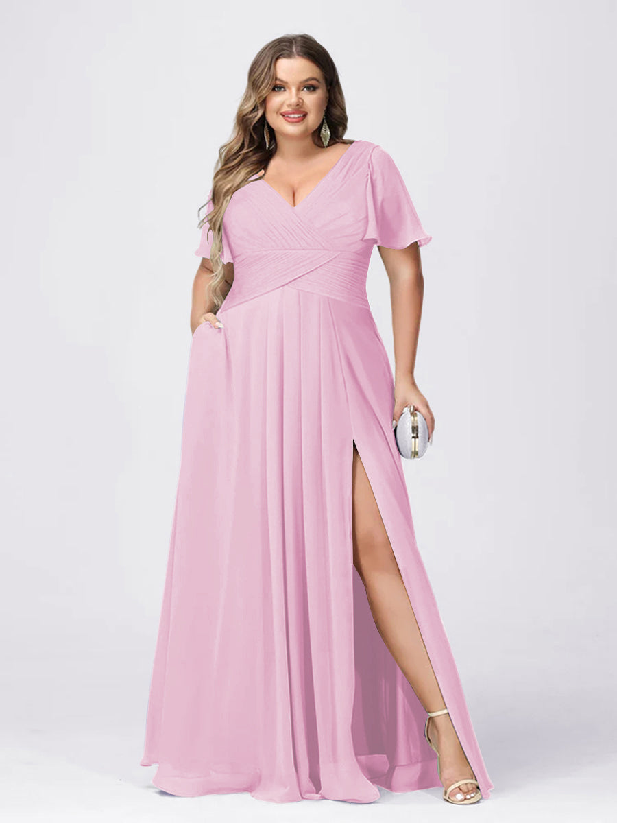 A Line/Princess V-Neck Short Sleeves Plus Size Bridesmaid Dresses with Split Side