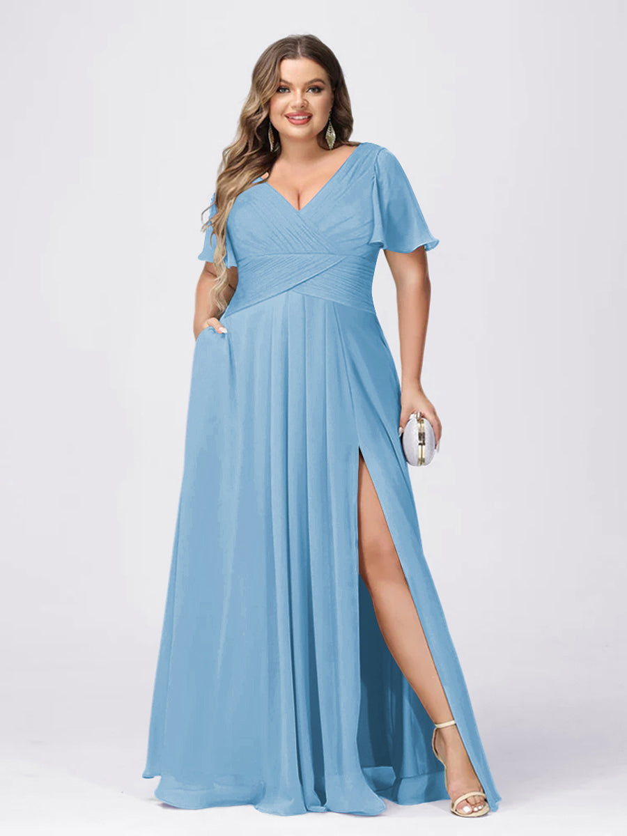 A Line/Princess V-Neck Short Sleeves Plus Size Bridesmaid Dresses with Split Side