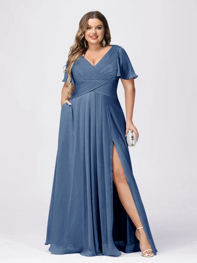 A Line/Princess V-Neck Short Sleeves Plus Size Bridesmaid Dresses with Split Side