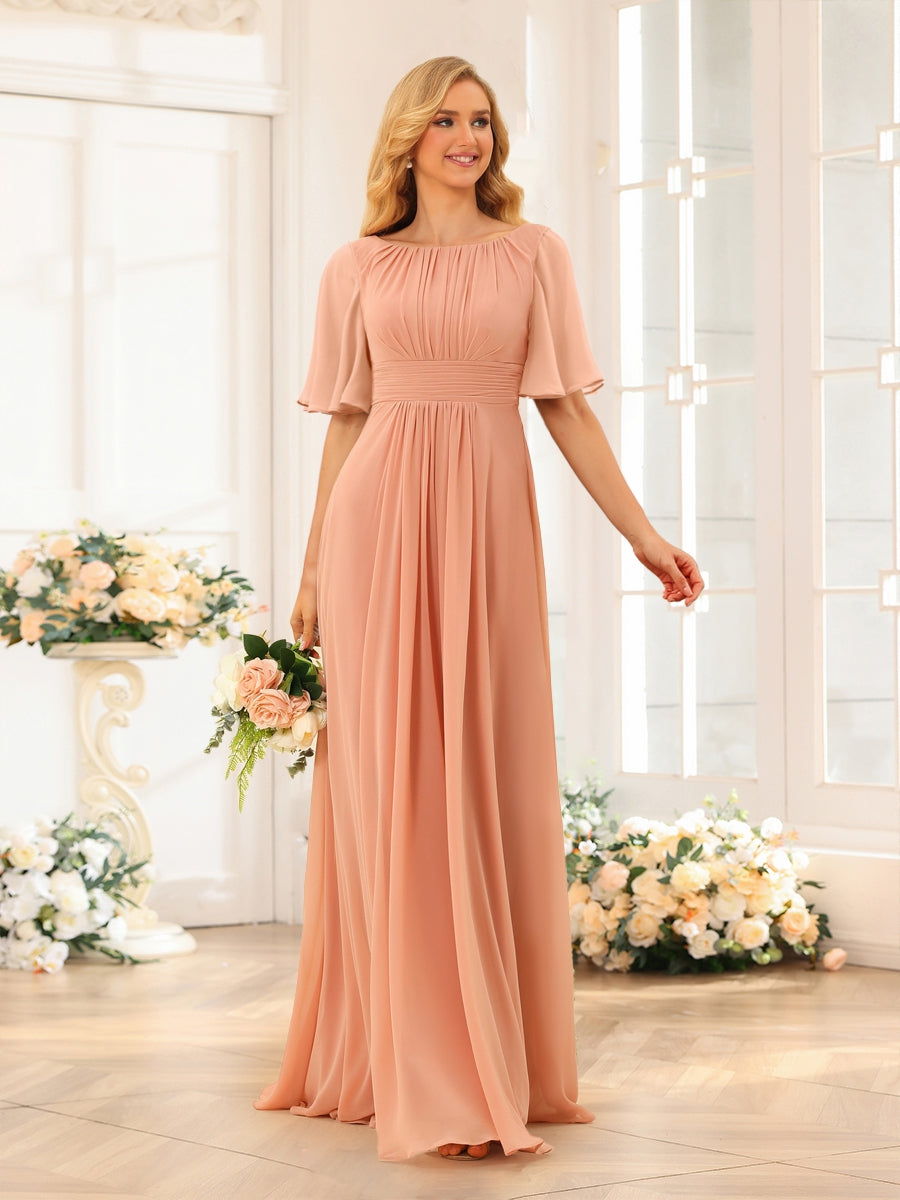 A-Line/Princess Floor-Length Short Sleeves Bridesmaid Dresses with Sash