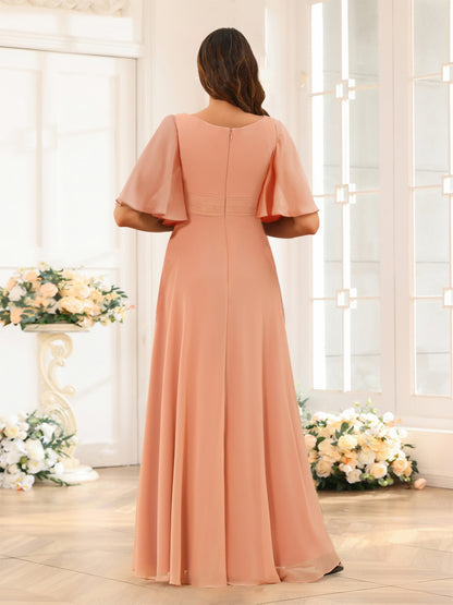 A-Line/Princess Floor-Length Short Sleeves Bridesmaid Dresses with Sash