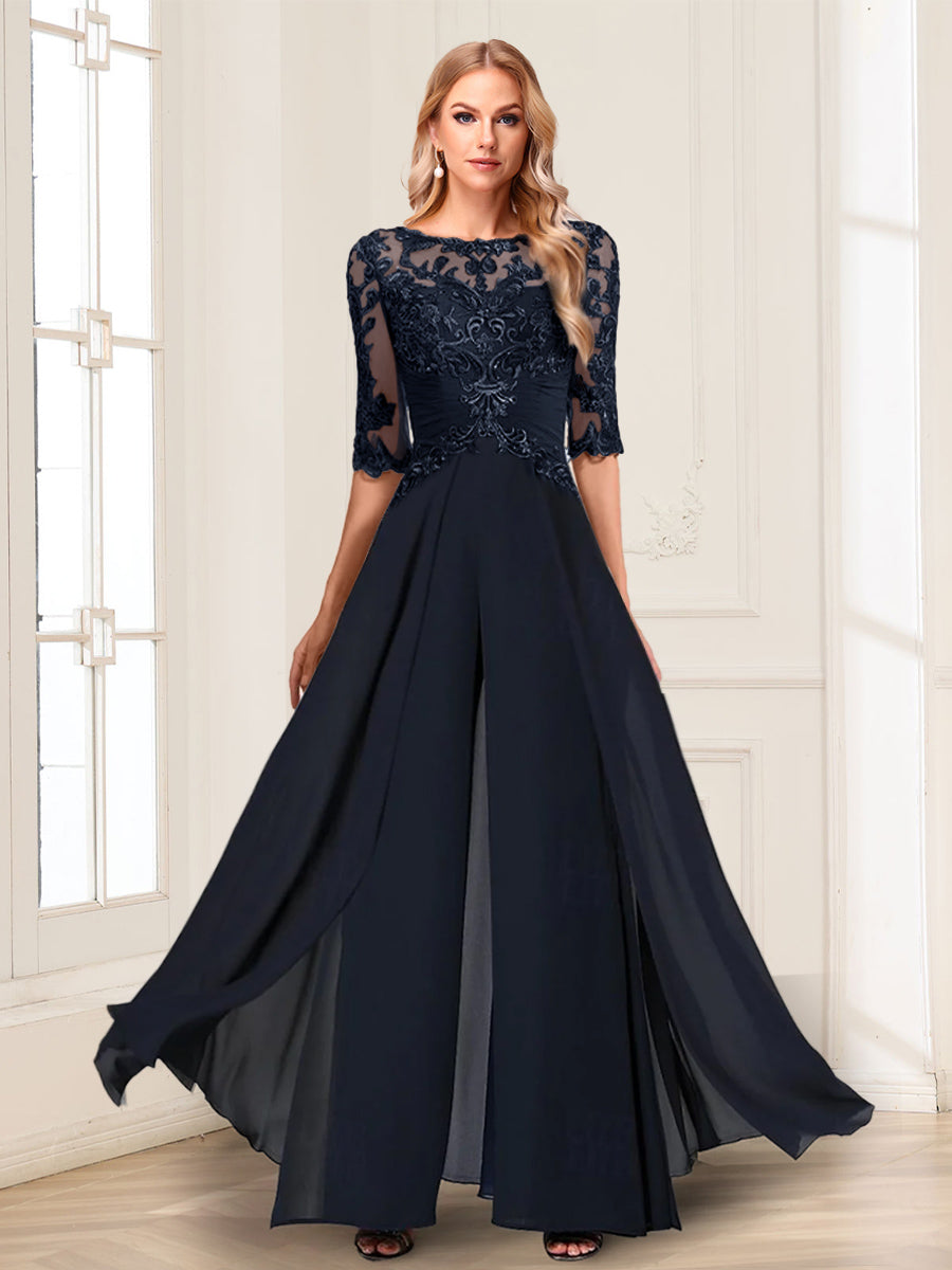 Chiffon Floor-Length Half Sleeves Scoop Mother of the Bride Pantsuits