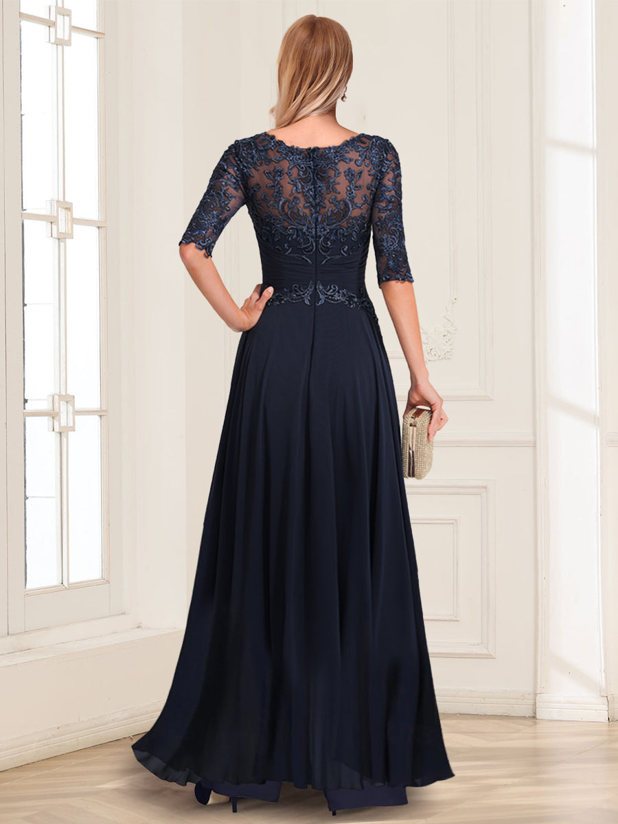 Chiffon Floor-Length Half Sleeves Scoop Mother of the Bride Pantsuits