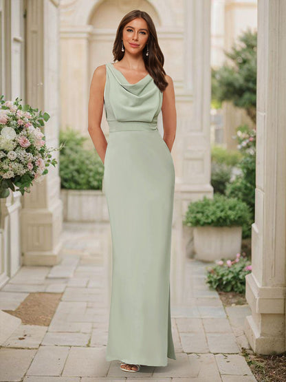 Trumpet/Mermaid Cowl Neck Sleeveless Floor-Length Ruched Bridesmaid Dresses