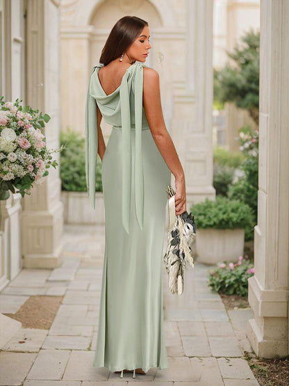 Trumpet/Mermaid Cowl Neck Sleeveless Floor-Length Ruched Bridesmaid Dresses