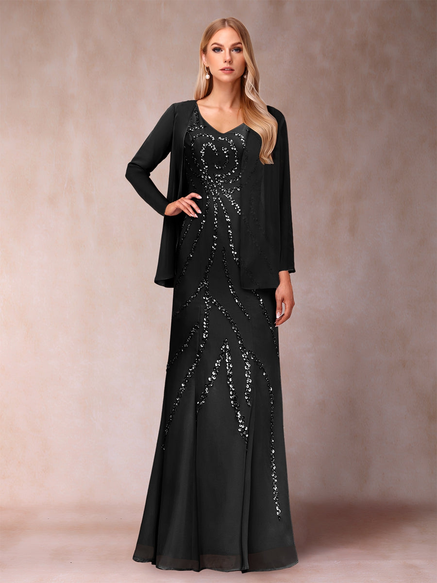 Sheath/Column V-Neck Floor-Length Mother of the Bride Dresses With Jacket & Sequins