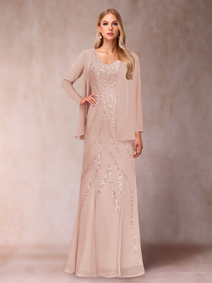 Sheath/Column V-Neck Floor-Length Mother of the Bride Dresses With Jacket & Sequins