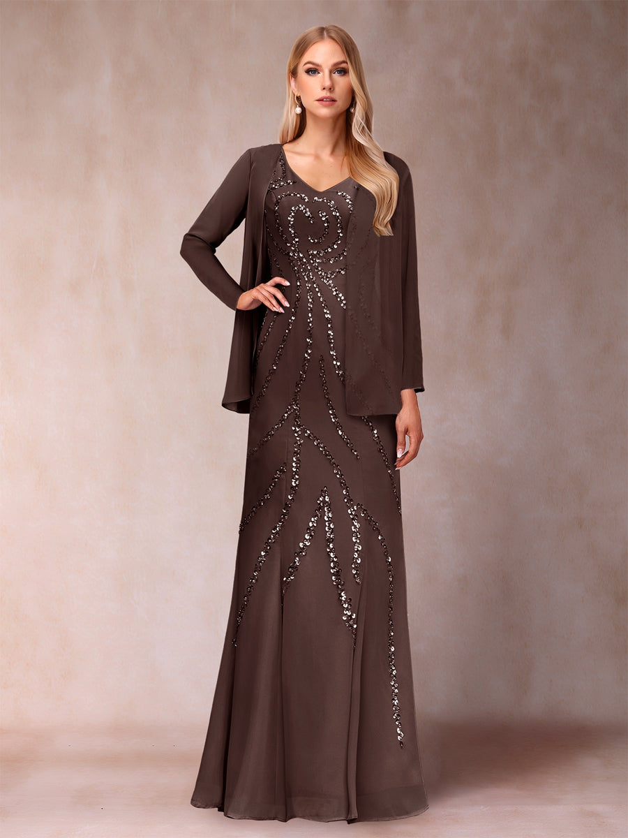 Sheath/Column V-Neck Floor-Length Mother of the Bride Dresses With Jacket & Sequins