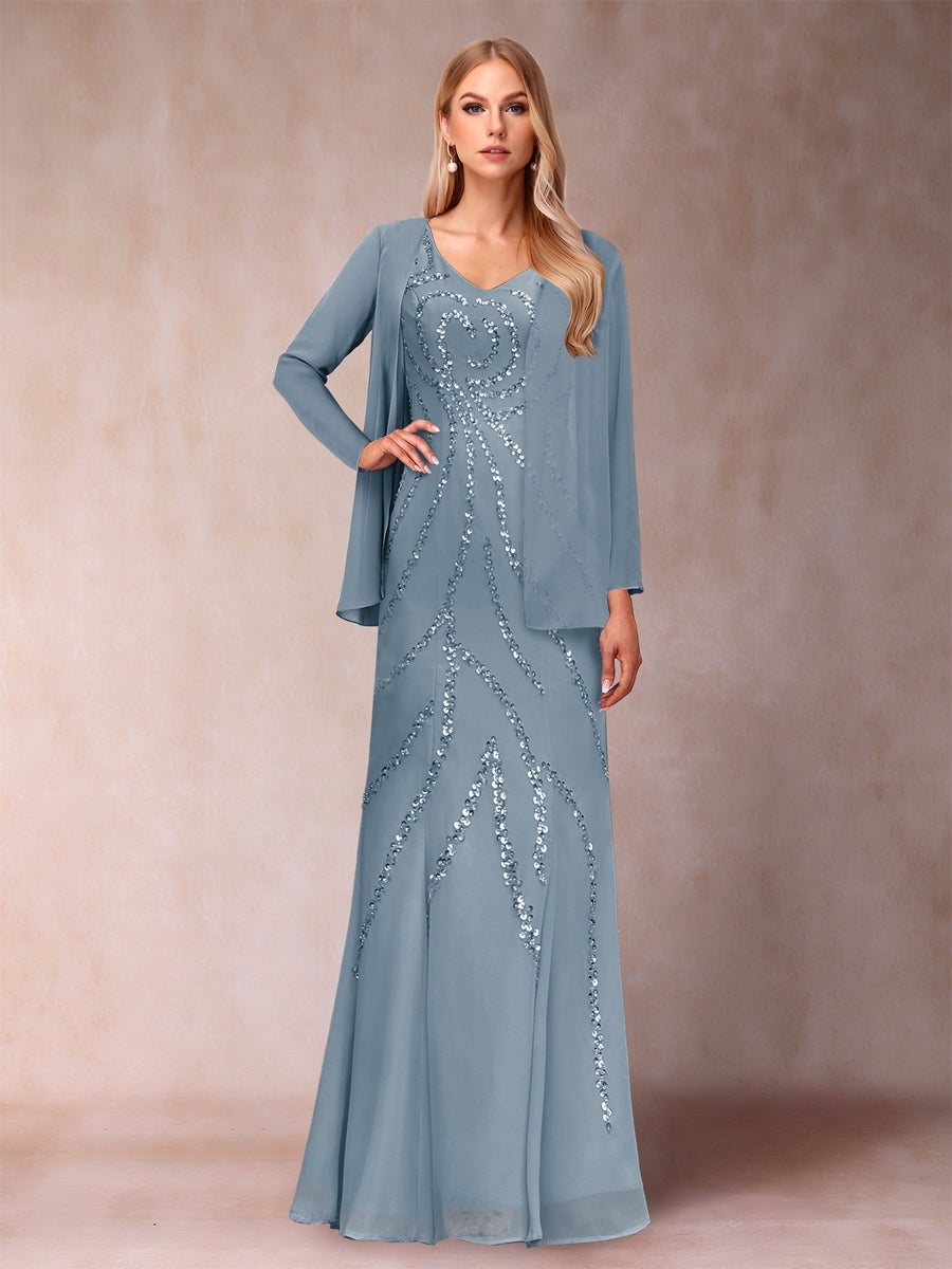 Sheath/Column V-Neck Floor-Length Mother of the Bride Dresses With Jacket & Sequins