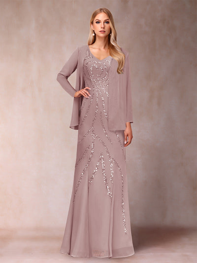 Sheath/Column V-Neck Floor-Length Mother of the Bride Dresses With Jacket & Sequins