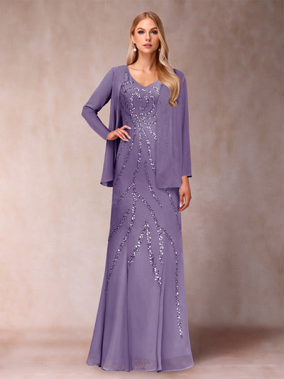 Sheath/Column V-Neck Floor-Length Mother of the Bride Dresses With Jacket & Sequins