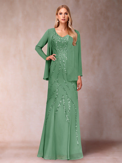 Sheath/Column V-Neck Floor-Length Mother of the Bride Dresses With Jacket & Sequins