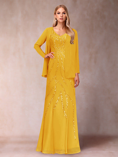 Sheath/Column V-Neck Floor-Length Mother of the Bride Dresses With Jacket & Sequins