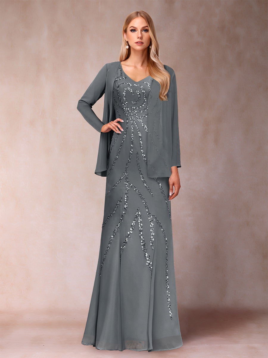 Sheath/Column V-Neck Floor-Length Mother of the Bride Dresses With Jacket & Sequins