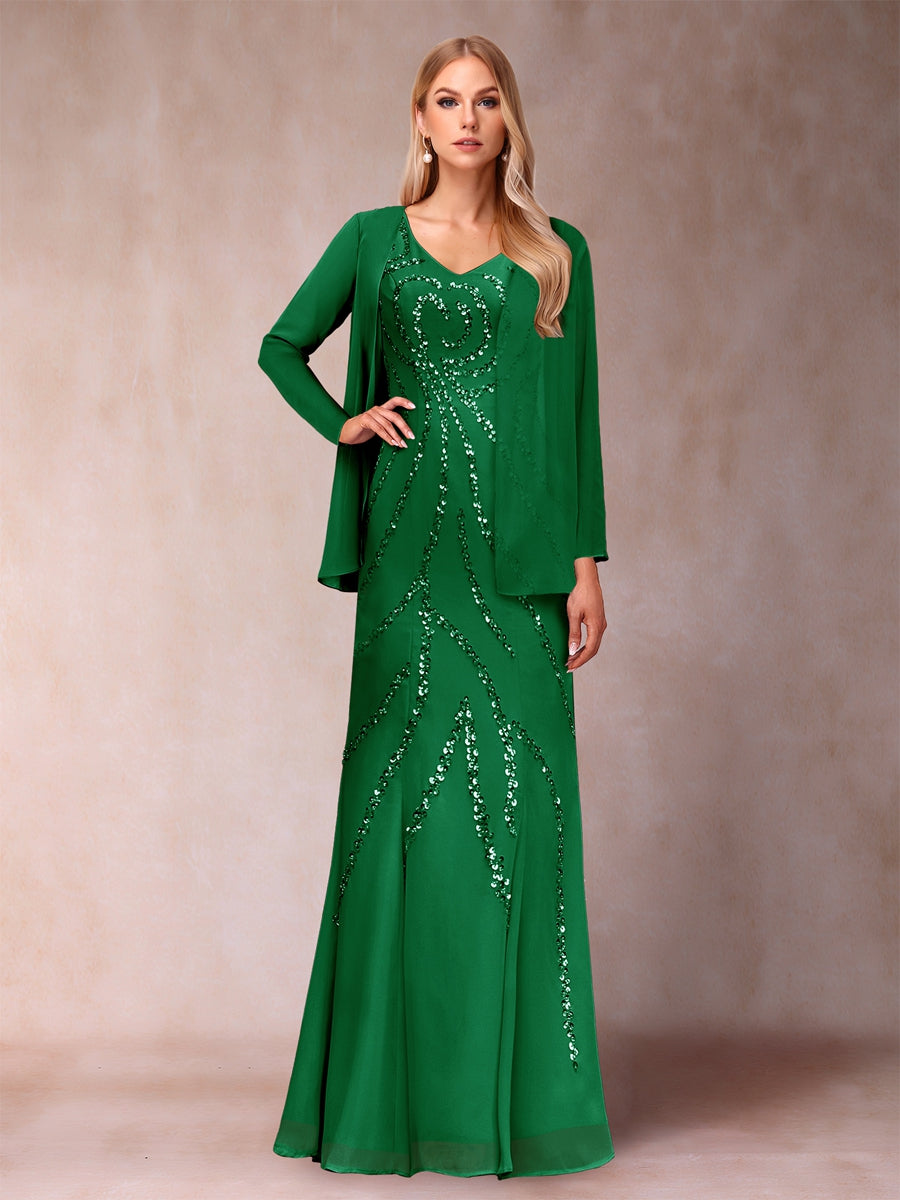 Sheath/Column V-Neck Floor-Length Mother of the Bride Dresses With Jacket & Sequins