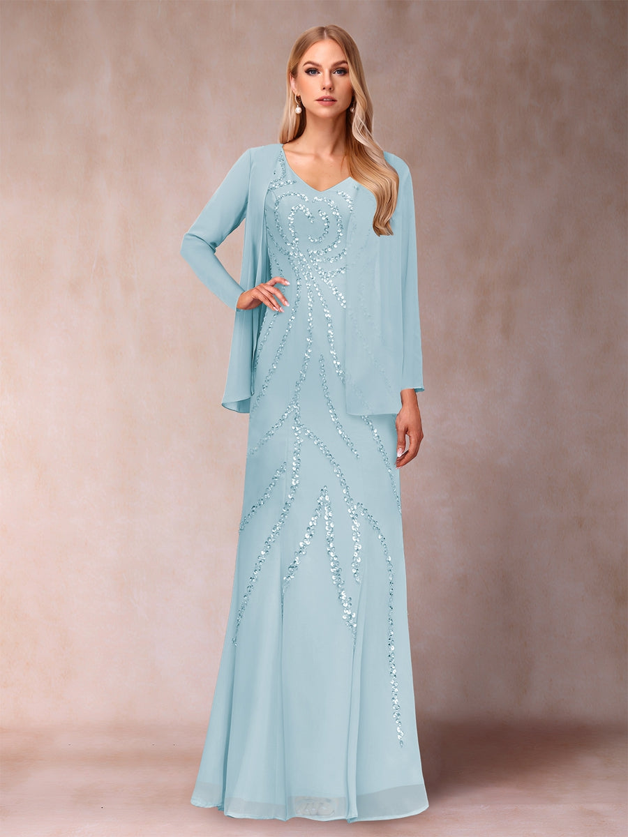 Sheath/Column V-Neck Floor-Length Mother of the Bride Dresses With Jacket & Sequins