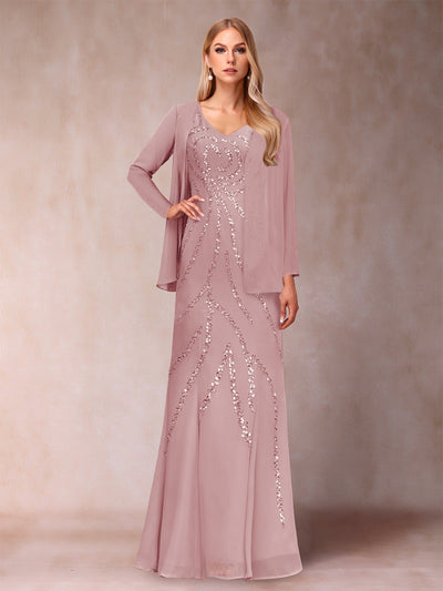 Sheath/Column V-Neck Floor-Length Mother of the Bride Dresses With Jacket & Sequins