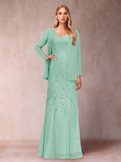 Sheath/Column V-Neck Floor-Length Mother of the Bride Dresses With Jacket & Sequins