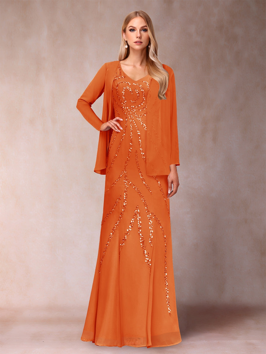 Sheath/Column V-Neck Floor-Length Mother of the Bride Dresses With Jacket & Sequins