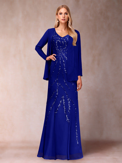 Sheath/Column V-Neck Floor-Length Mother of the Bride Dresses With Jacket & Sequins