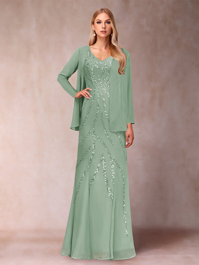 Sheath/Column V-Neck Floor-Length Mother of the Bride Dresses With Jacket & Sequins