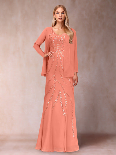 Sheath/Column V-Neck Floor-Length Mother of the Bride Dresses With Jacket & Sequins