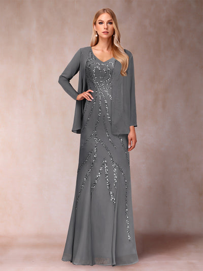 Sheath/Column V-Neck Floor-Length Mother of the Bride Dresses With Jacket & Sequins