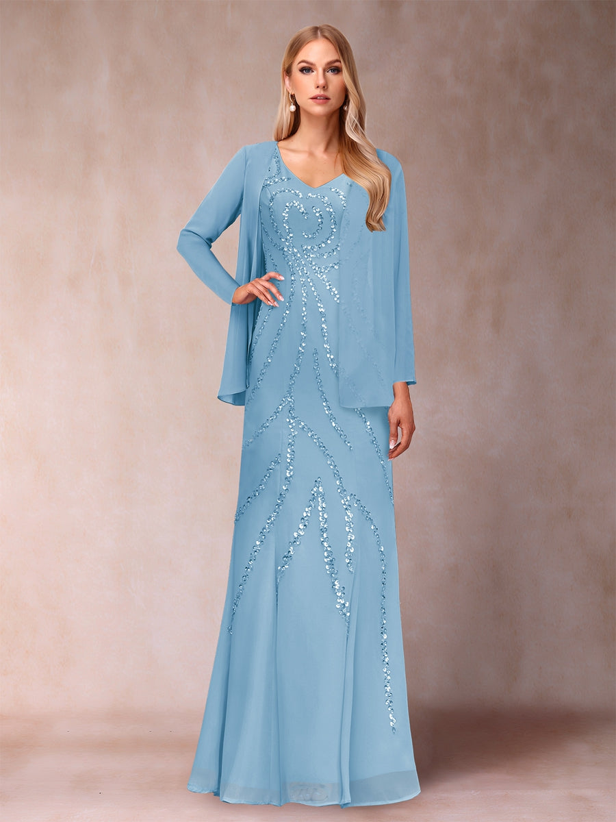 Sheath/Column V-Neck Floor-Length Mother of the Bride Dresses With Jacket & Sequins