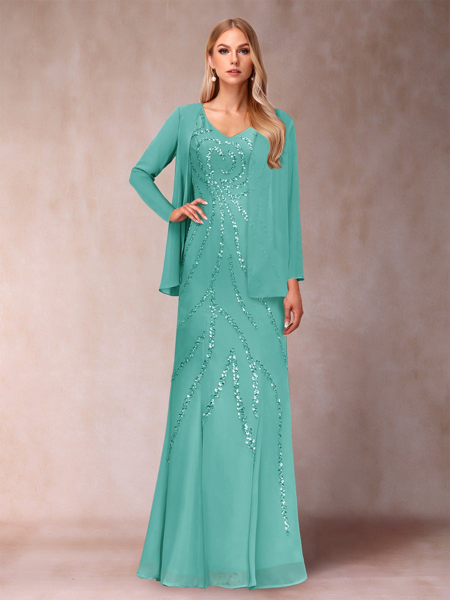 Sheath/Column V-Neck Floor-Length Mother of the Bride Dresses With Jacket & Sequins