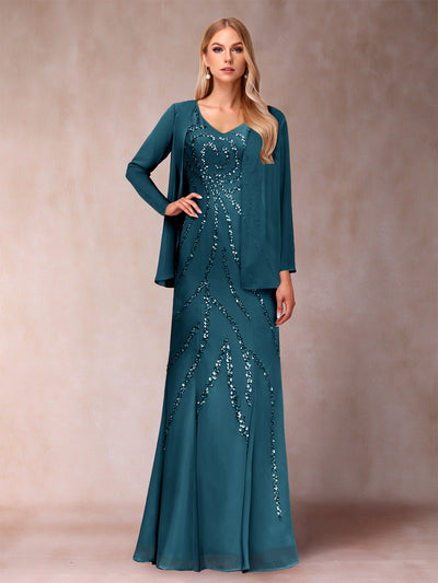 Sheath/Column V-Neck Floor-Length Mother of the Bride Dresses With Jacket & Sequins