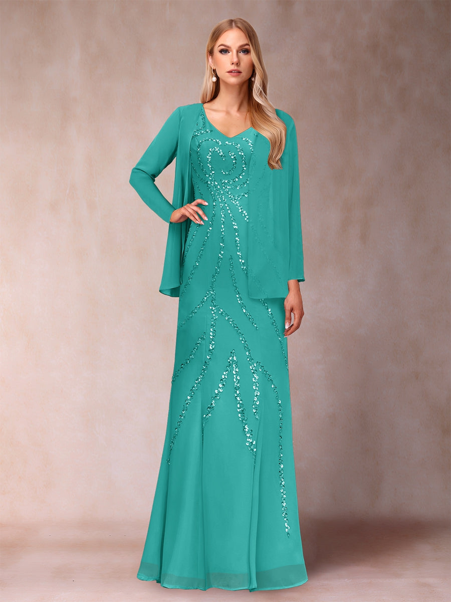 Sheath/Column V-Neck Floor-Length Mother of the Bride Dresses With Jacket & Sequins