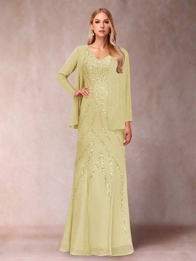 Sheath/Column V-Neck Floor-Length Mother of the Bride Dresses With Jacket & Sequins