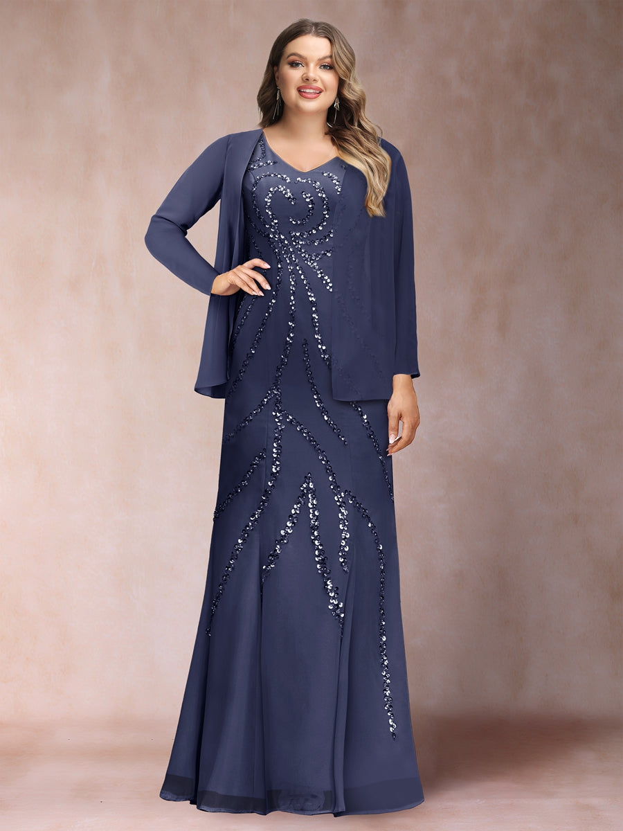 Sheath/Column V-Neck Floor-Length Plus Size Mother of the Bride Dresses With Jacket & Sequins