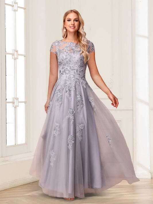 A-Line/Princess Sheer Neck Short Sleeves Long Formal Evening Dresses with Beading & Appliques