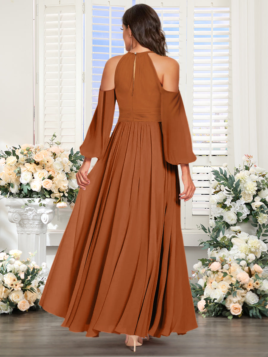 A-Line/Princess Halter Off-the-Shoulder Long Sleeves Bridesmaid Dresses with Split Side