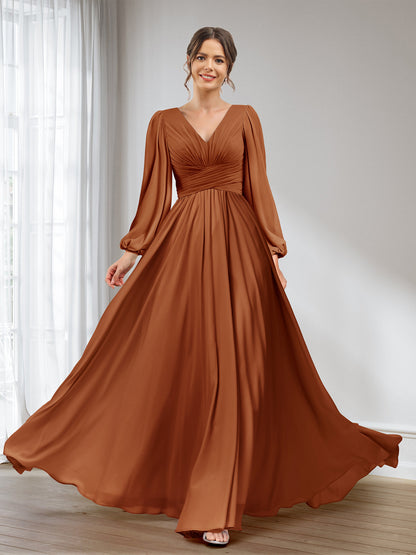 A-Line/Princess V-Neck Long Sleeves Chiffon Long Bridesmaid Dresses With Pockets