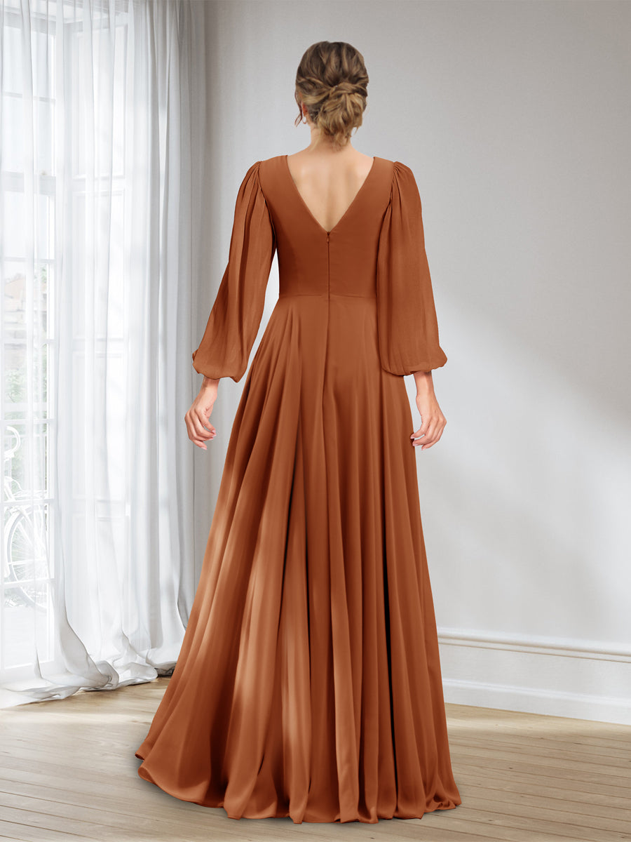 A-Line/Princess V-Neck Long Sleeves Chiffon Long Bridesmaid Dresses With Pockets