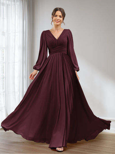 A-Line/Princess V-Neck Long Sleeves Chiffon Long Bridesmaid Dresses With Pockets