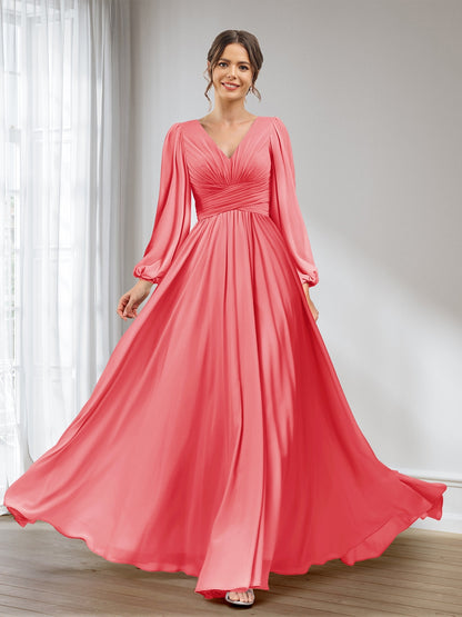 A-Line/Princess V-Neck Long Sleeves Chiffon Long Bridesmaid Dresses With Pockets