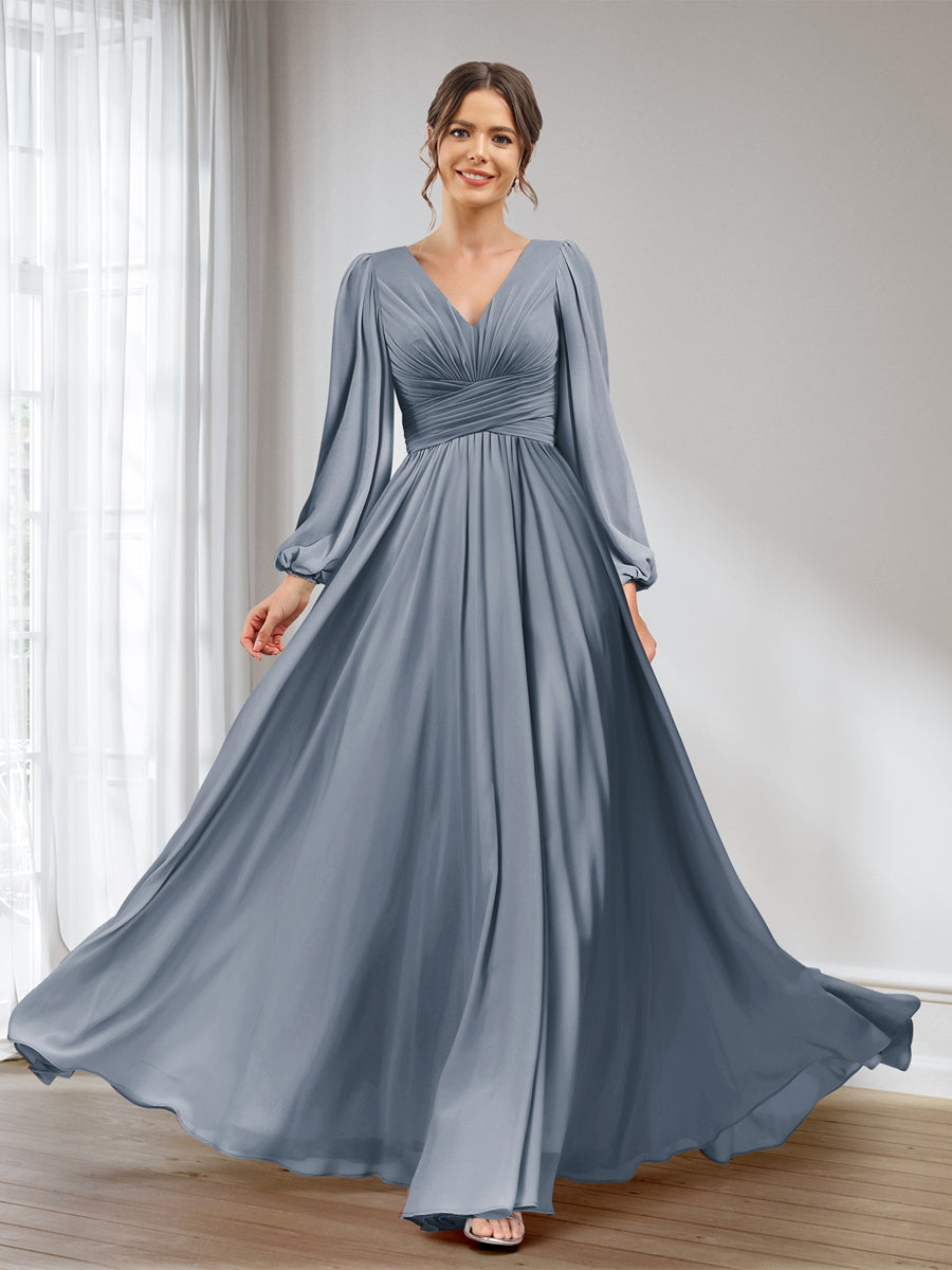 A-Line/Princess V-Neck Long Sleeves Chiffon Long Bridesmaid Dresses With Pockets