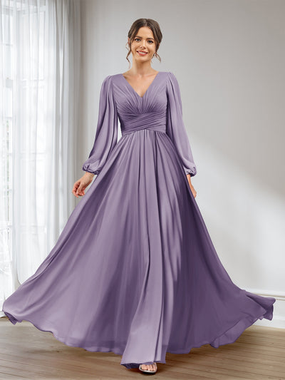 A-Line/Princess V-Neck Long Sleeves Chiffon Long Bridesmaid Dresses With Pockets