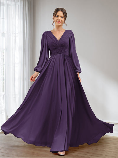 A-Line/Princess V-Neck Long Sleeves Chiffon Long Bridesmaid Dresses With Pockets