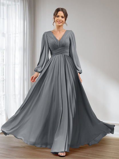 A-Line/Princess V-Neck Long Sleeves Chiffon Long Bridesmaid Dresses With Pockets