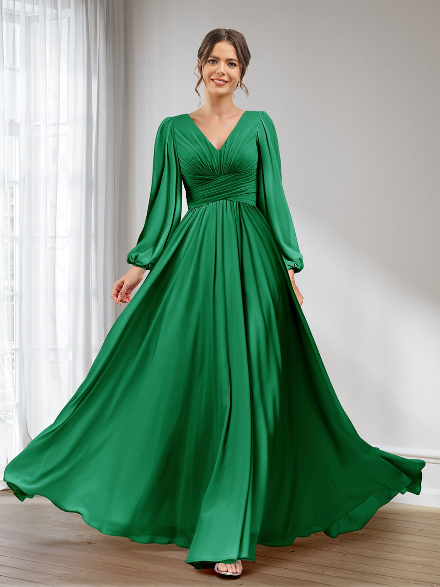 A-Line/Princess V-Neck Long Sleeves Chiffon Long Bridesmaid Dresses With Pockets