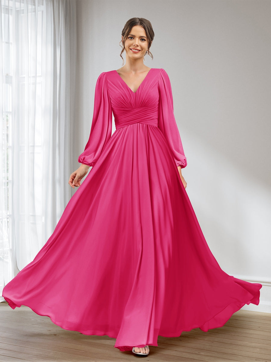 A-Line/Princess V-Neck Long Sleeves Chiffon Long Bridesmaid Dresses With Pockets