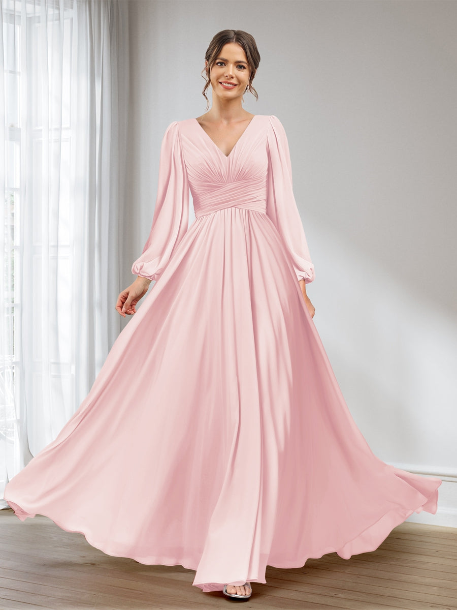 A-Line/Princess V-Neck Long Sleeves Chiffon Long Bridesmaid Dresses With Pockets