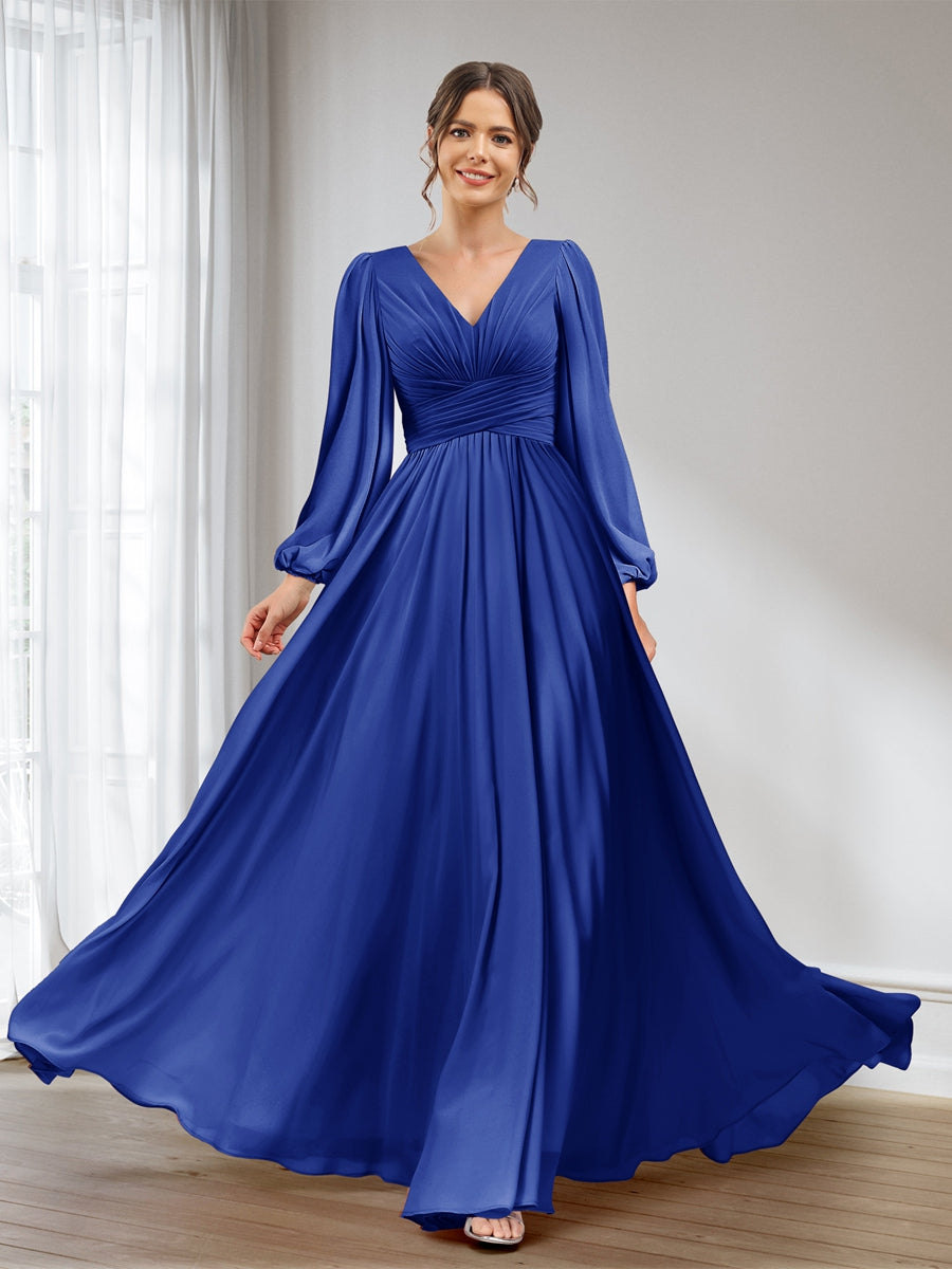 A-Line/Princess V-Neck Long Sleeves Chiffon Long Bridesmaid Dresses With Pockets