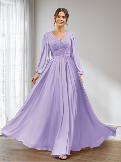 A-Line/Princess V-Neck Long Sleeves Chiffon Long Bridesmaid Dresses With Pockets