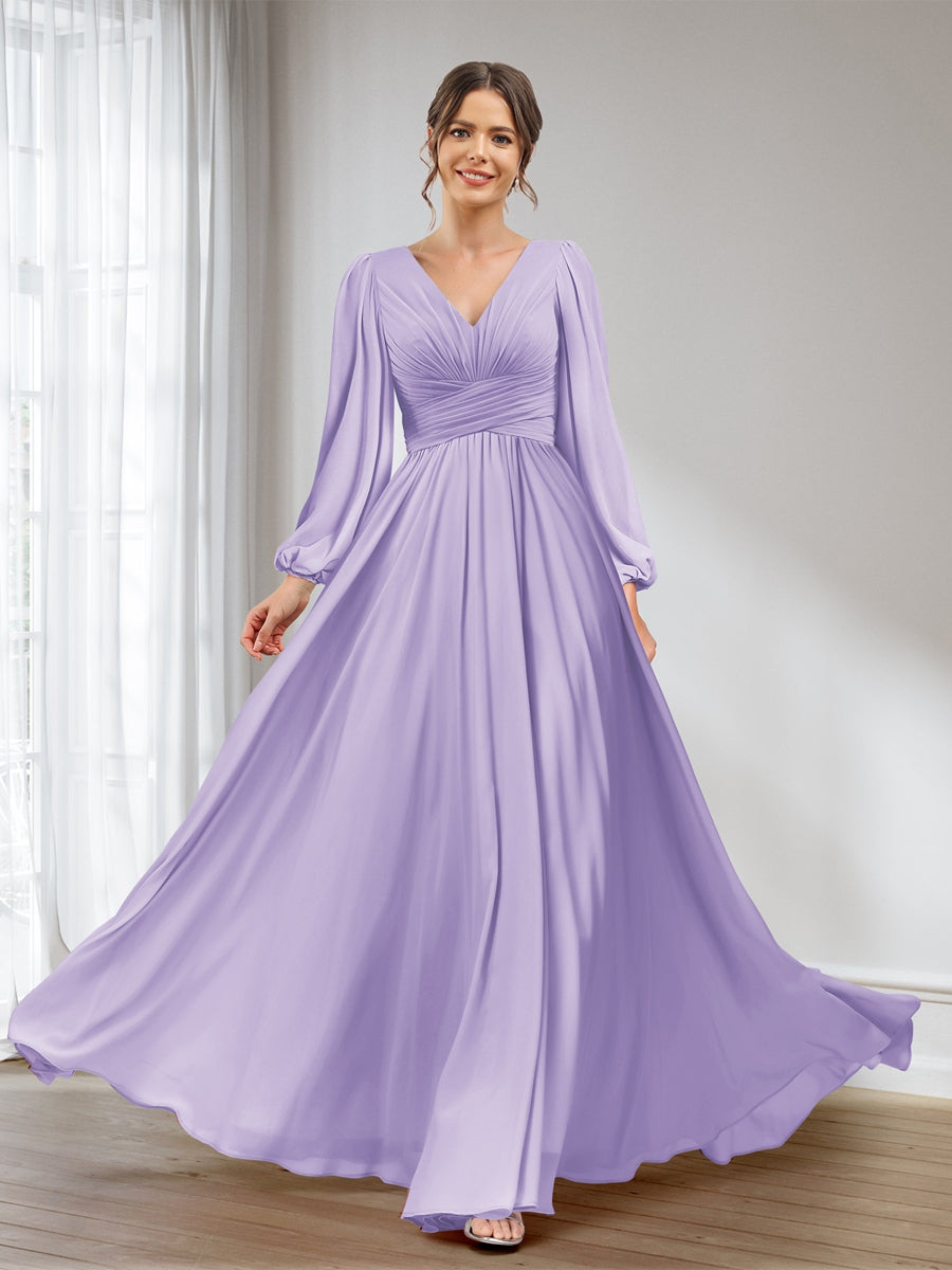 A-Line/Princess V-Neck Long Sleeves Chiffon Long Bridesmaid Dresses With Pockets