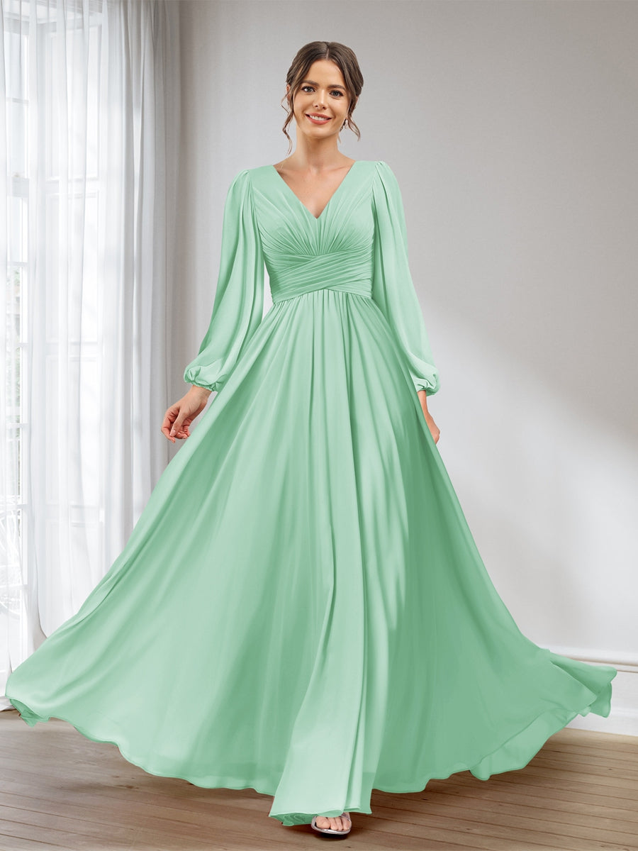 A-Line/Princess V-Neck Long Sleeves Chiffon Long Bridesmaid Dresses With Pockets